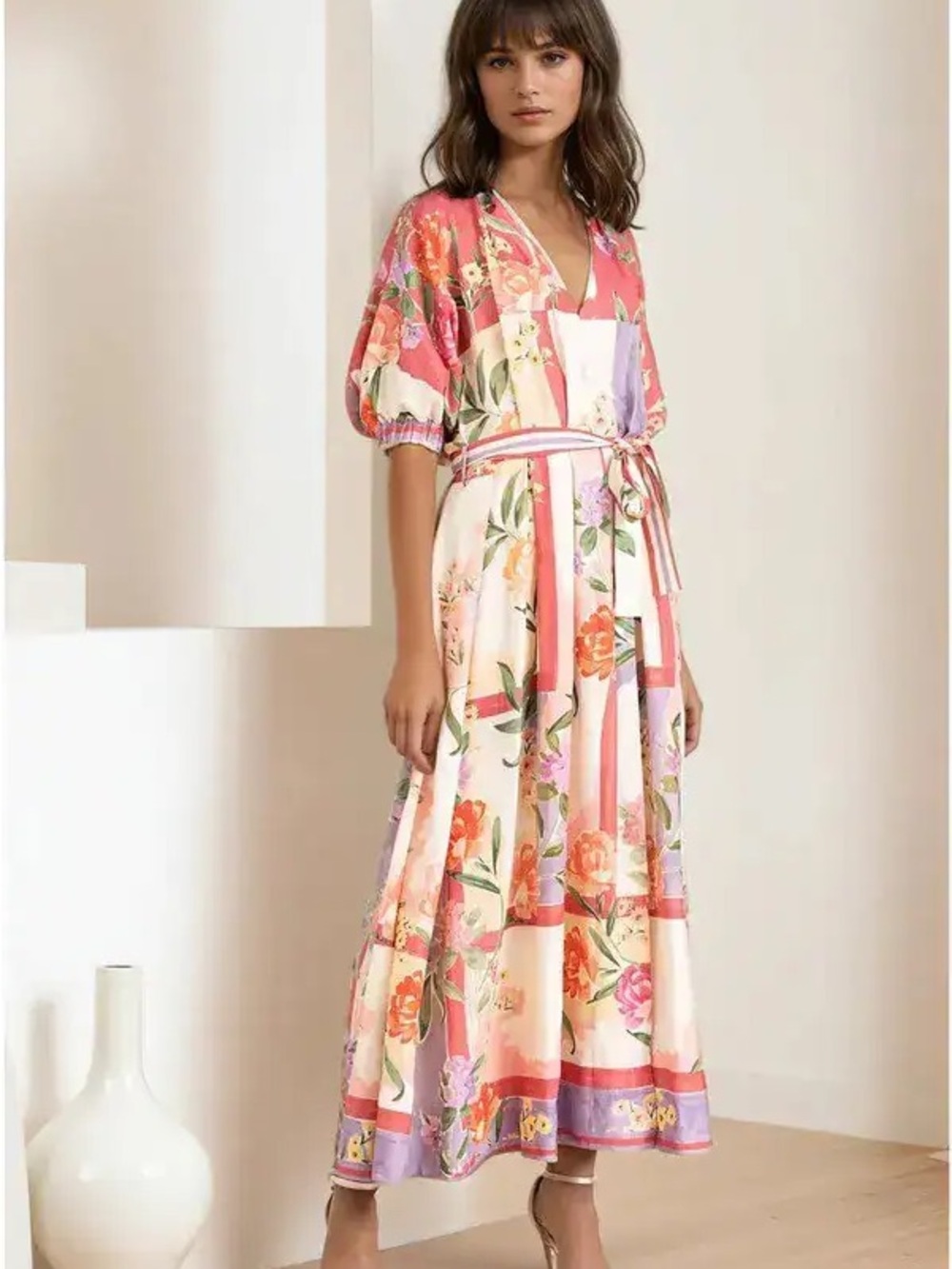 NWT Yumi Kim Floral Wrap Maxi Dress with Puff Sleeves - Pink Multi
